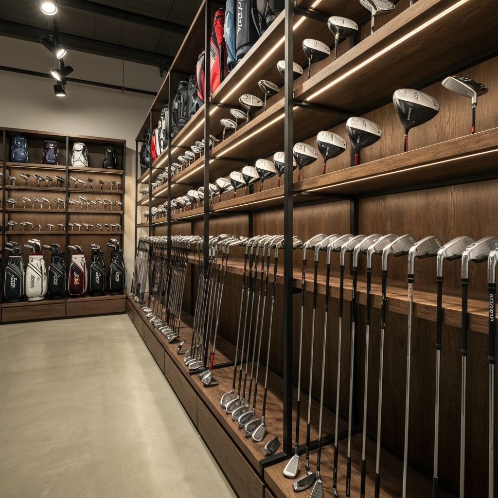 Golf club warehouse interior with premium golf equipment
